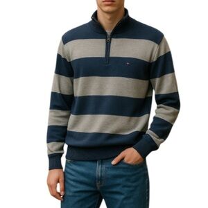 TOMMY HILFIGER Mens Striped Half Zip Sweater Steel Blue Grey Logo Preppy Size M